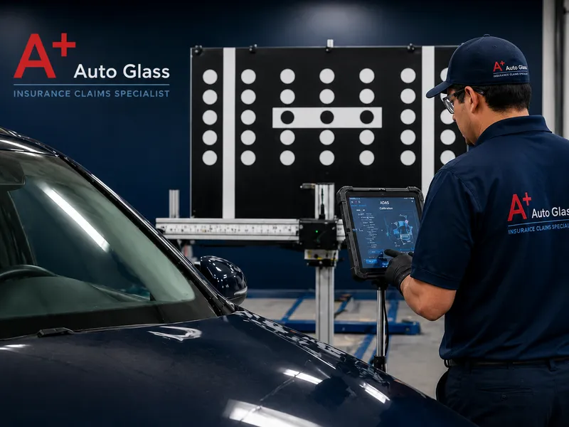 Technician performing in-house ADAS calibration with a target board and diagnostic tablet