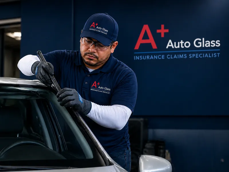 Technician finishing a windshield install and cleaning the seam