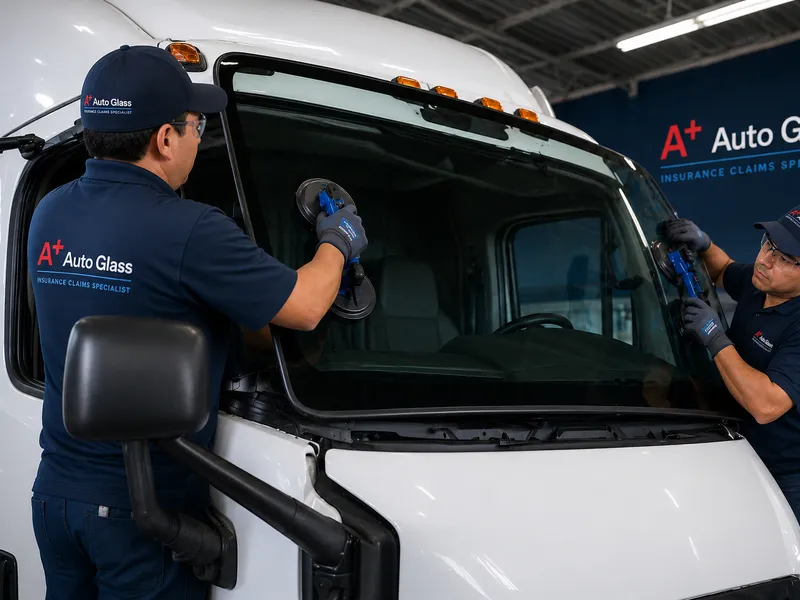 Two technicians replacing a commercial fleet truck windshield