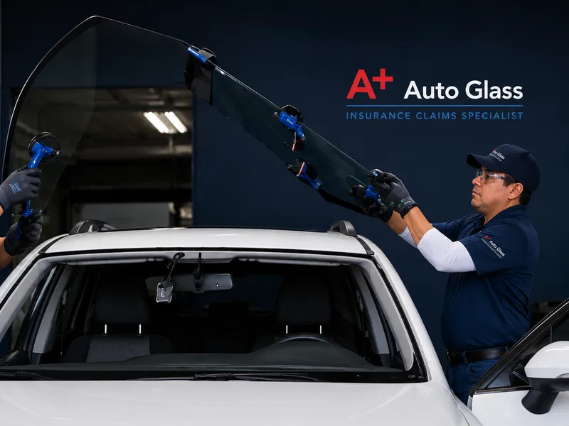 Two technicians installing a new windshield